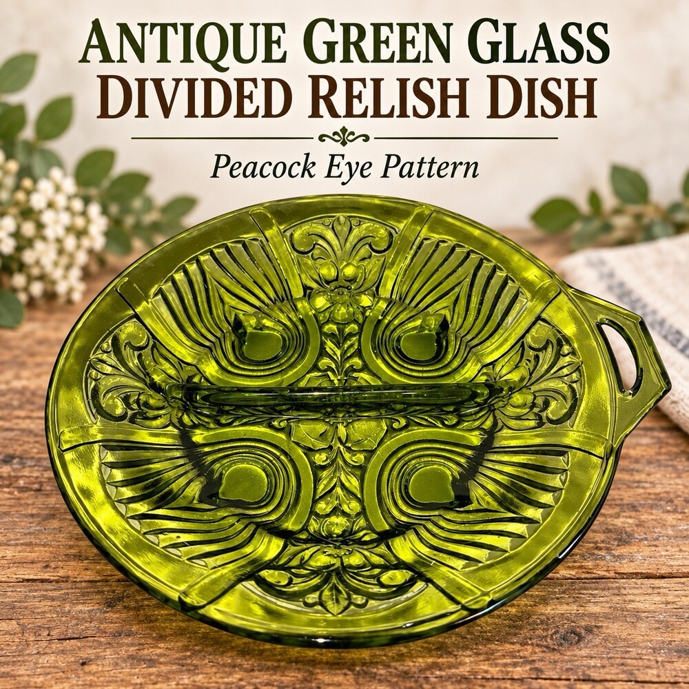Antique U.S. Glass Georgia Peacock Eye Green Divided Relish Nappy Dish c1902